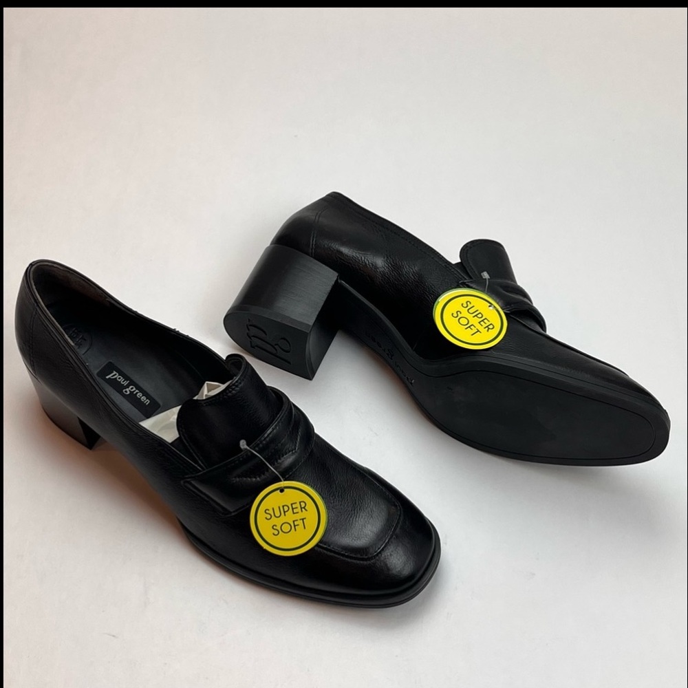 Paul Green Womens Size US 10.5 UK 8 Black Chunky Heel Penny Loafer Preppy NEW